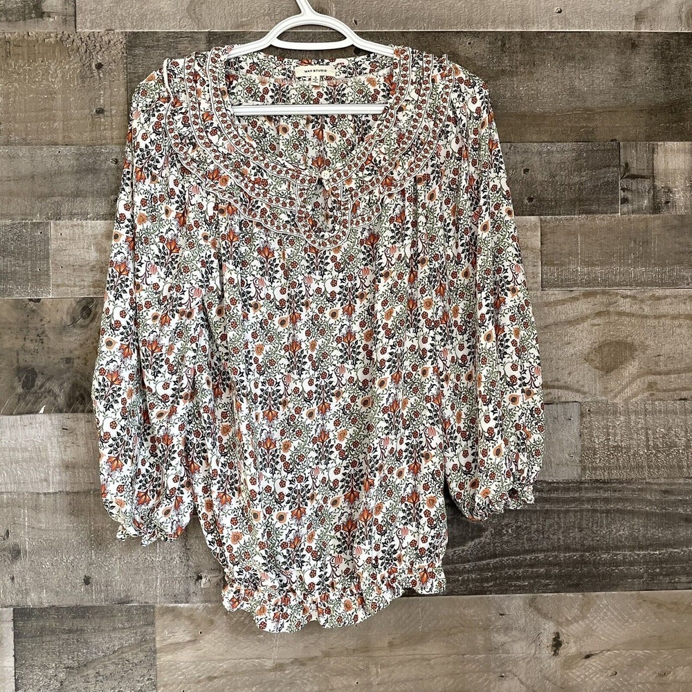 Max Studio Womens S Earthy Floral Boho Keyhole Long Sleeve Top Button Front Work